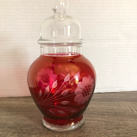 Vtg Hughes Ruby Glass Apothecary Jar with Etched Cornflower Design - Picture 3 of 12